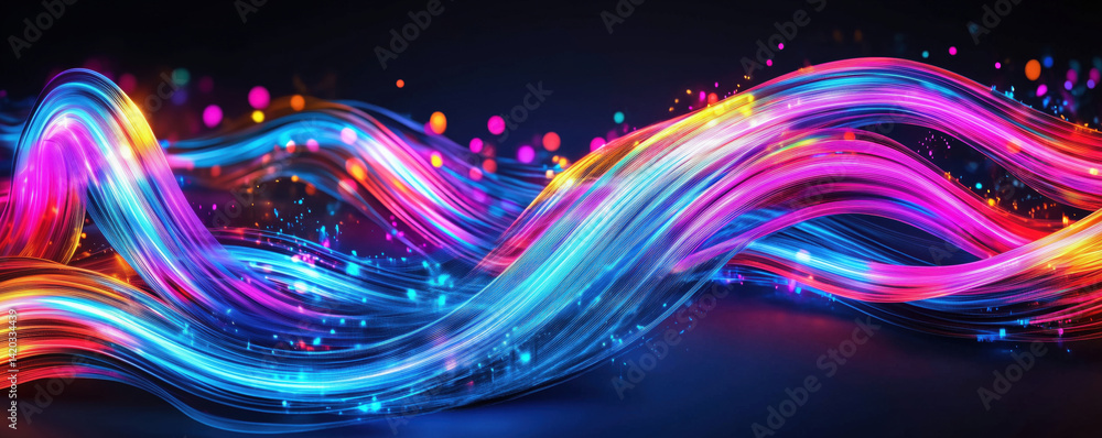 Poster colorful light trails creating dynamic wave patterns with vibrant bokeh effects, copy space for text