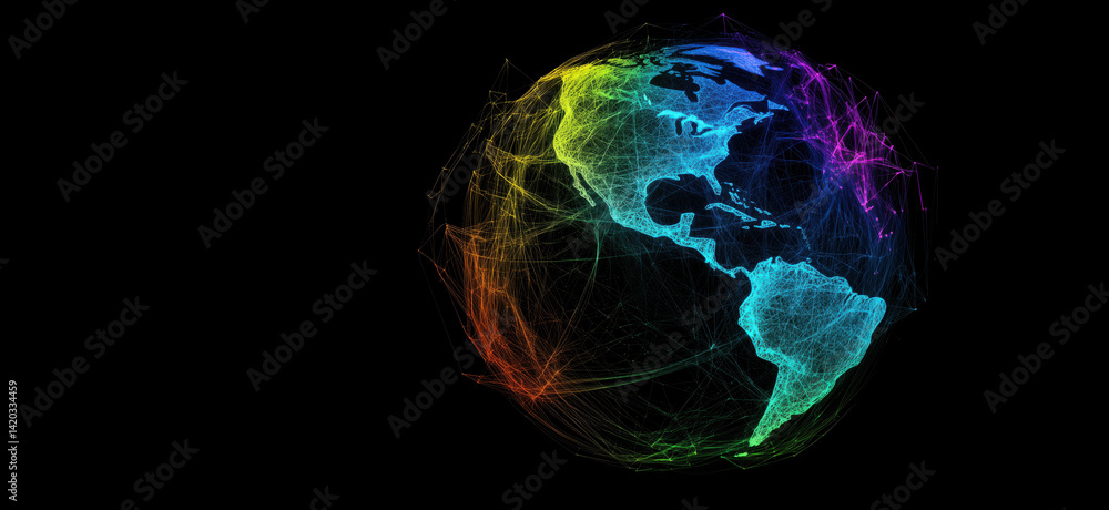 Poster colorful 3d network visualization of earth with geographical features and connections, copy space fo