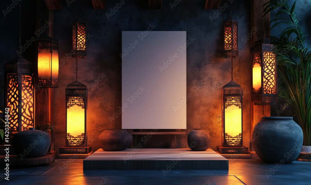 Poster elegant interior design with illuminated lanterns and blank canvas for artwork display.