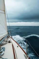 Fototapeta premium A sailboat is sailing in the ocean with a storm in the background. The sky is cloudy and the water is choppy