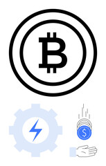 Obraz premium Bitcoin currency symbol in bold circle, gear with lightning for energy, and coins dropping into an open hand. Ideal for finance, cryptocurrency, energy, technology, investment, innovation simple