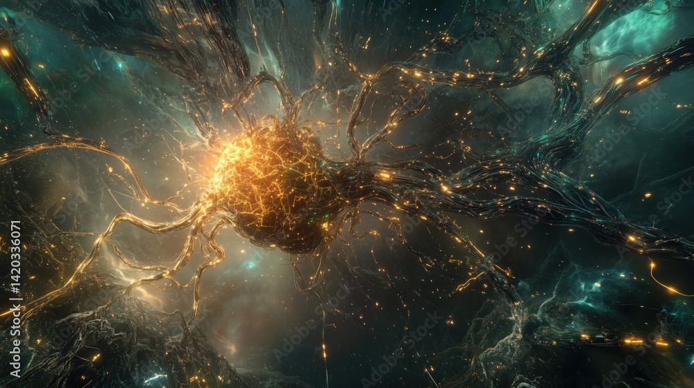 Poster a mesmerizing abstract representation of neural connections, featuring glowing golden nodes and intr