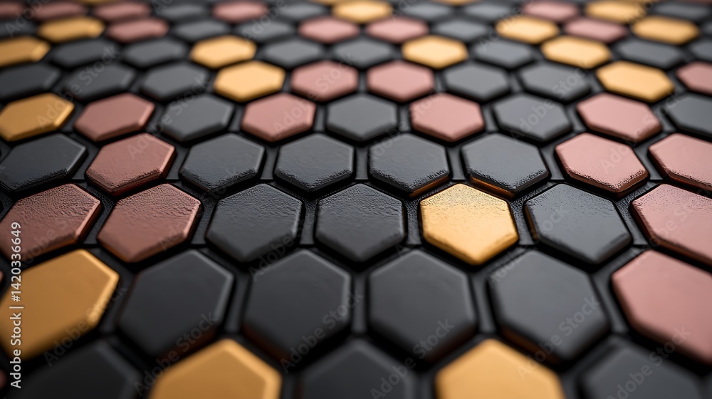Poster abstract metallic hexagonal tile pattern: decorative honeycomb surface texture in gold, copper, and 