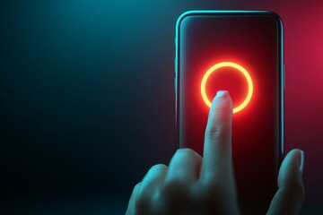 Hand interacts with a smartphone interface featuring a glowing circle on a red screen, creating a tech vibe.