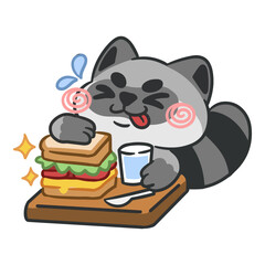 Cute Raccoon Character Relishing a Delicious Layered Sandwich