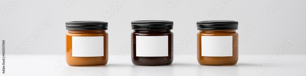 Poster three jars of different colored jams sit on a table. the jars are all white and have black lids
