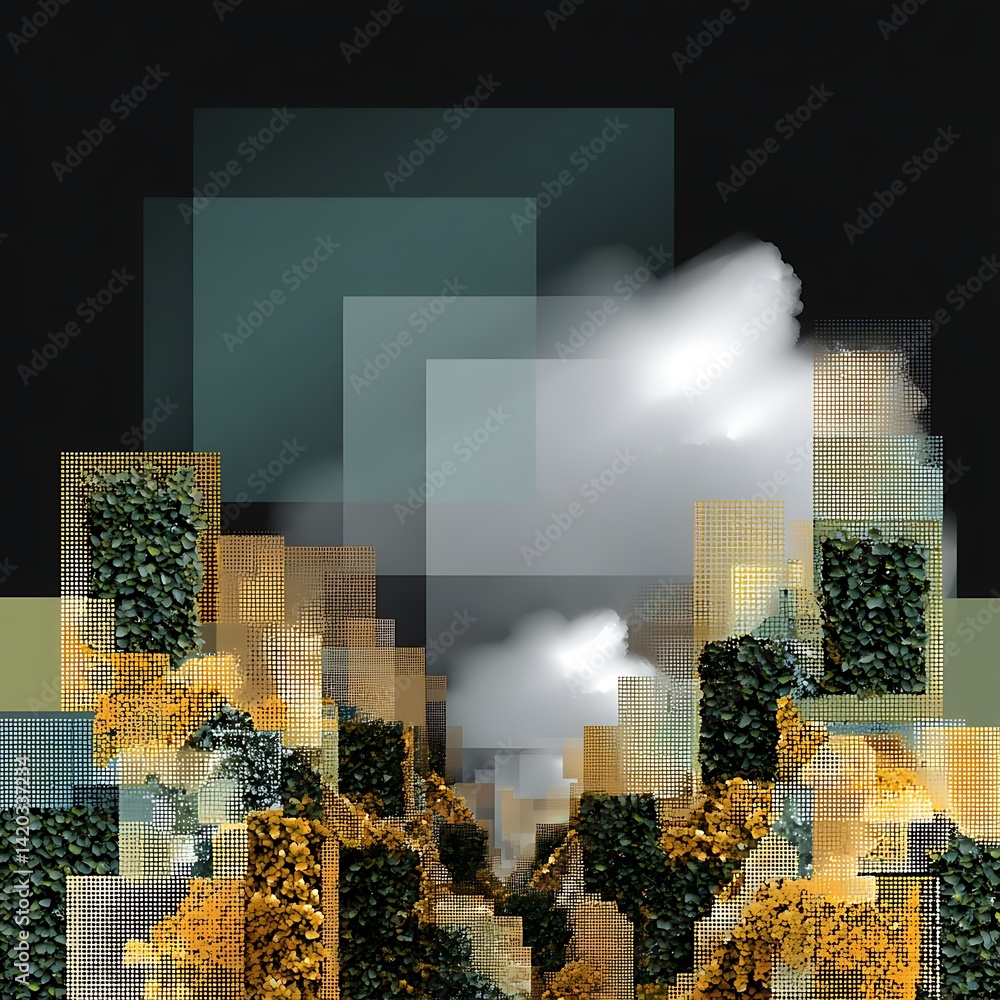 Poster urban garden abstract composition integrating architecture geometric forms and organic textures.
