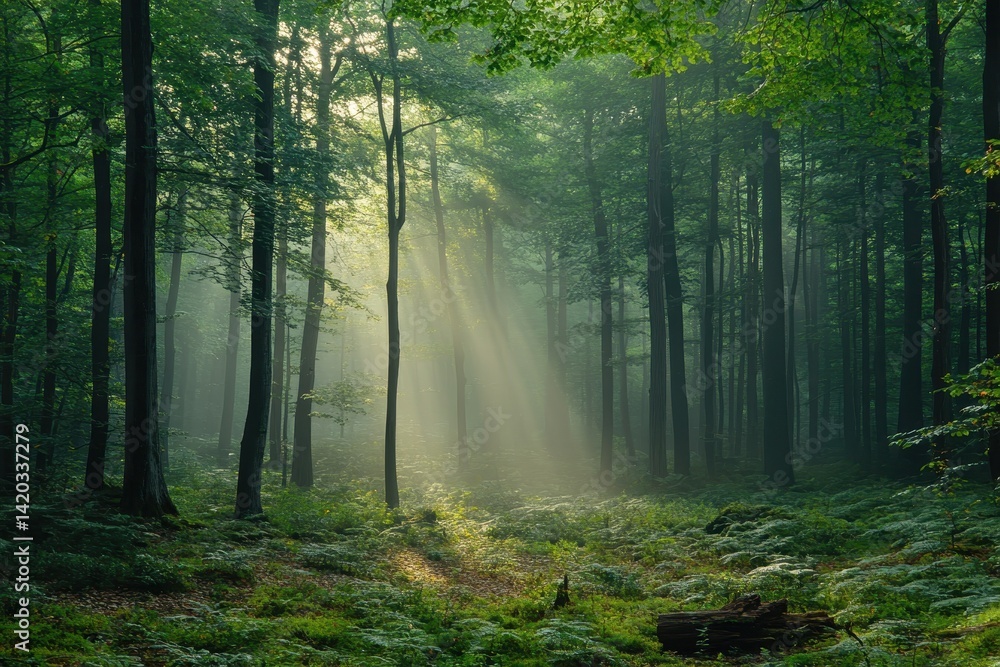 Poster sunlight pierces through trees in a tranquil forest during early morning hours