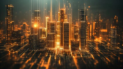 Fototapeta premium A futuristic city skyline illuminated with golden lights and digital lines, creating a high-tech atmosphere. The buildings are tall and modern, surrounded by a network of glowing circuits.