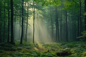 Fototapeta premium Sunlight pierces through trees in a tranquil forest during early morning hours