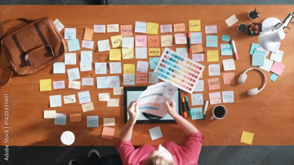 Poster time lapse of smart business team holding color palettes and choosing color. professional designer g