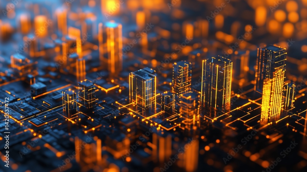 Poster a futuristic cityscape with glowing skyscrapers and a digital circuit board design. the scene is ill