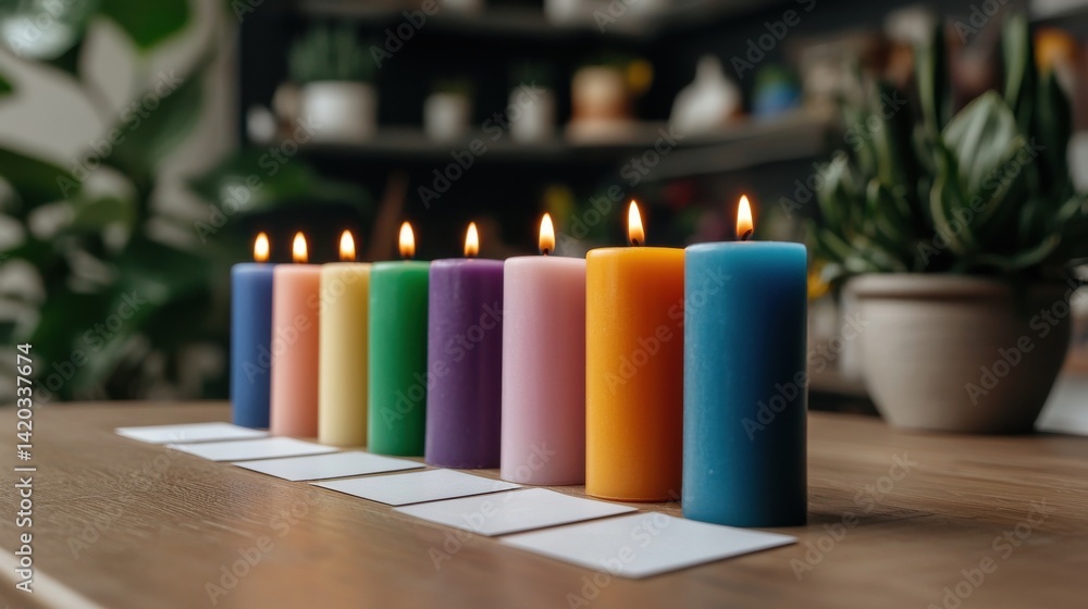 Poster a table with a row of candles in various colors