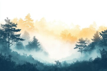 Naklejka premium Sunlight pierces through trees in a tranquil forest during early morning hours