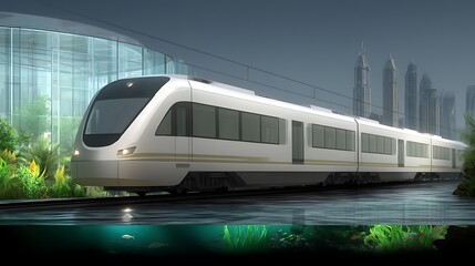 Naklejka premium Urban Train Reflecting City Skyline and Underwater Life Transportation of the Future Technology.