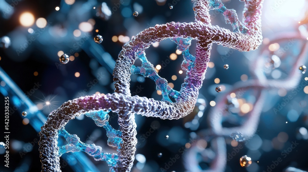 Poster a close up of a dna strand with a blue and white color scheme