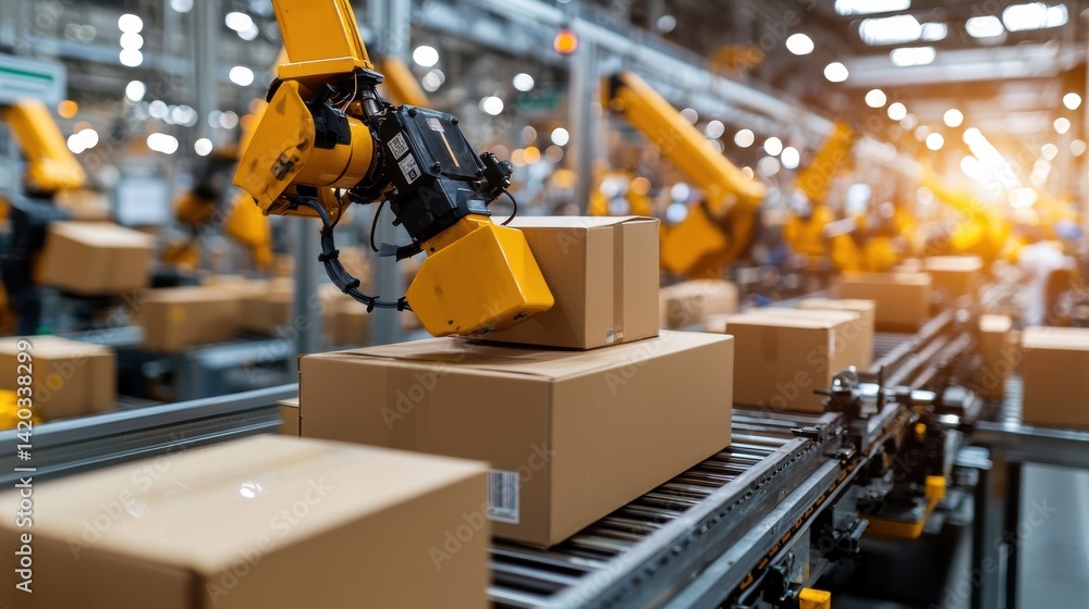Poster a conveyor belt with a robot picking up boxes