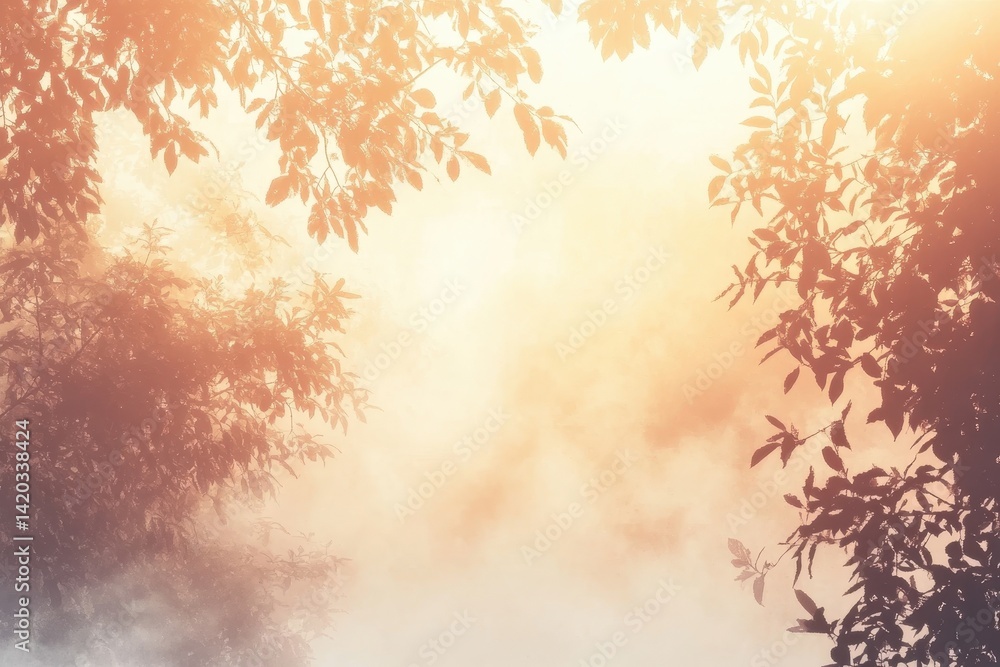 Poster sunlight pierces through trees in a tranquil forest during early morning hours