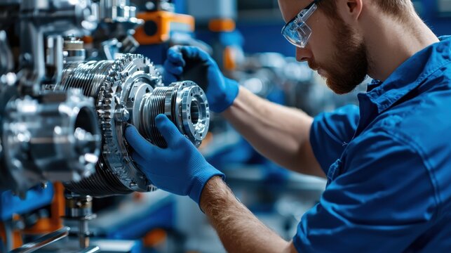 A man in a blue shirt is working on a machine