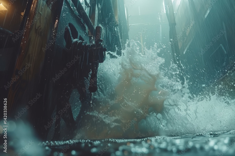 Poster a dramatic scene capturing water splashing against structures in a rain-soaked environment, evoking 