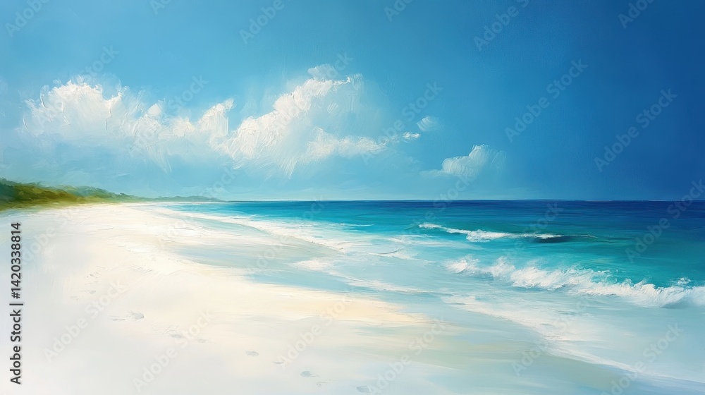 Poster tropical beach with palm trees and calm turquoise waters on a sunny day in the caribbean