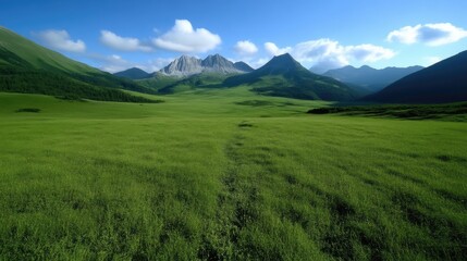 Fototapeta premium Vast green meadow stretches towards majestic mountains under a vibrant sky. Rolling hills of lush grass meet towering peaks