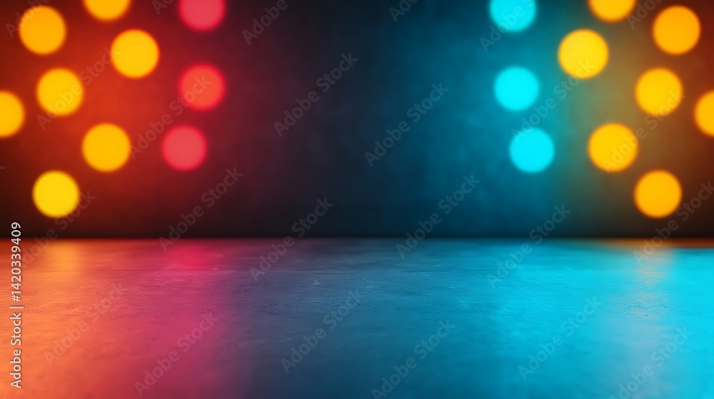 Poster abstract stage background with blurred colorful lights and a smooth reflective surface for presentat