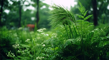 Obraz premium Verdant Meadow Serenity Lush Green Flora Wild Grasses and Plants in Nature s Embrace Scenery.