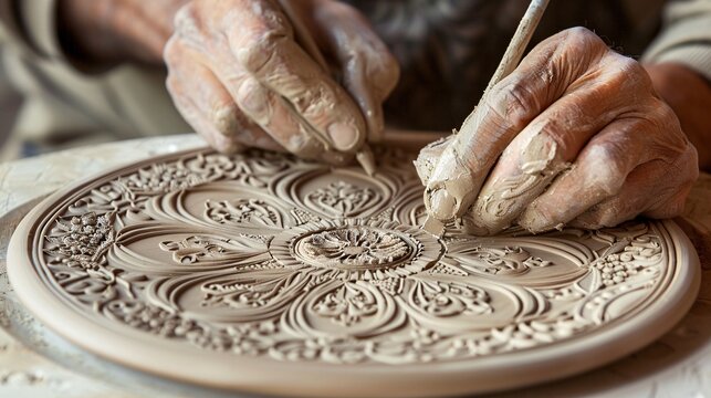 Description: Close-up of experienced hands delicately etching a detailed floral pattern onto a round clay plate, showcasing ceramic artistry.