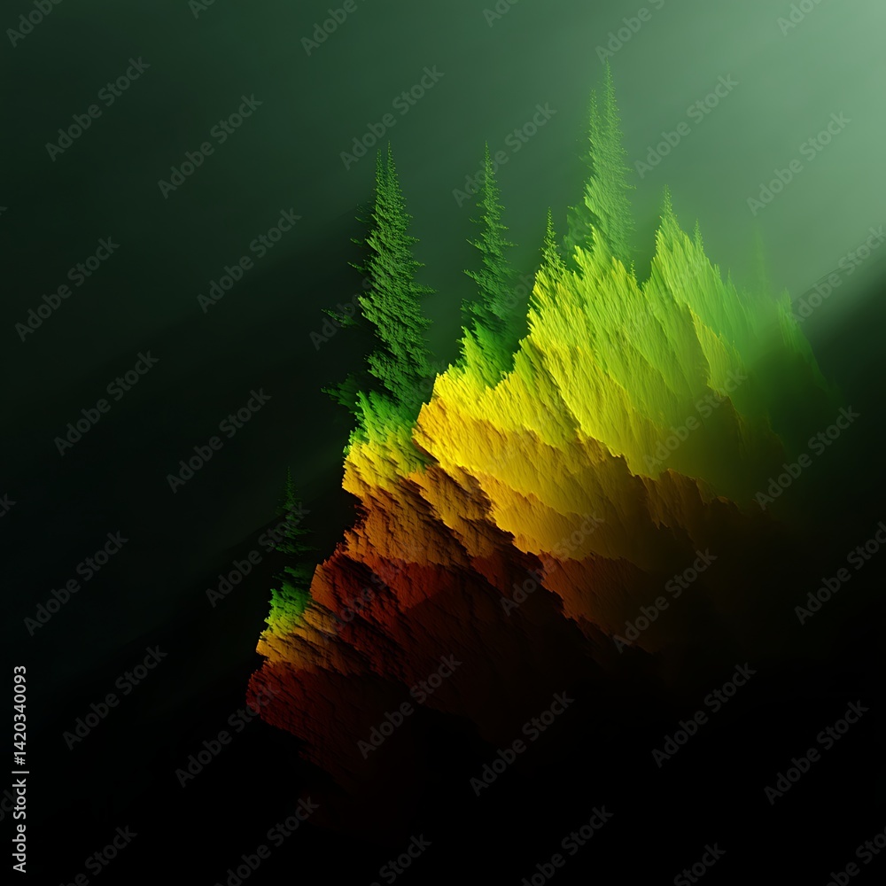 Poster vibrant abstract mountain range landscape trees in forest spectrum fractal art design concept.