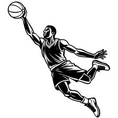 Black and white vector icon of basketball player jumping