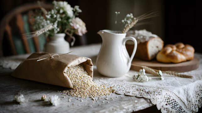 Simple Rustic Still Life with Flour, Milk, and Bread: A charming still life featuring a burlap bag filled with flour, a white pitcher of milk, and freshly baked bread against a rustic table.