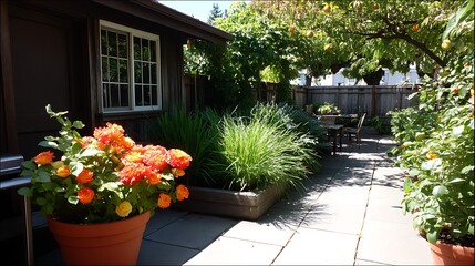 Naklejka premium Vibrant Blooms Orange Flowers in Pot near Cottage Patio Outdoor Tranquil Scene.