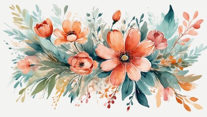 Watercolor floral arrangement with orange flowers and greenery