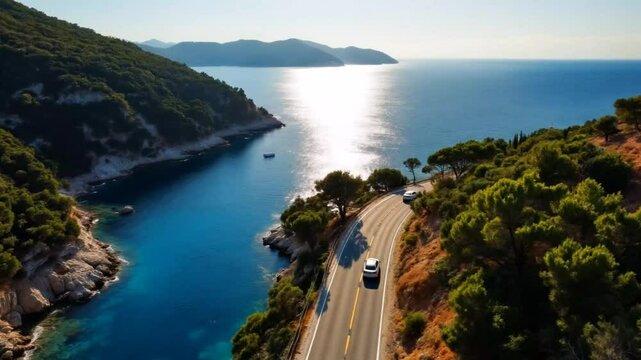 Beautiful shot of the stunning Mediterranean nature and the tranquil sea surrounding the car cruising around Lefkas on a sunny summer morning