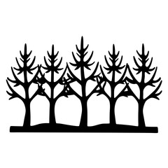 Black silhouette of forest trees, creating an intricate line art border design