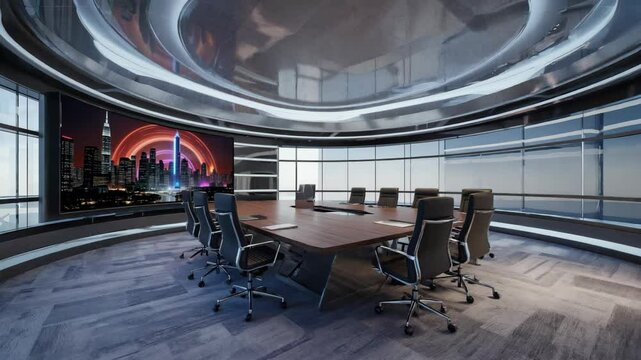 Modern high-tech boardroom business office with a futuristic digital screen, sleek conference table, swivel chairs, and panoramic glass windows showcasing an innovative corporate meeting environment.