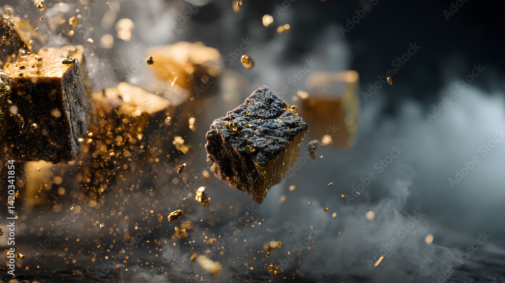 Poster exploding cubes in smoke: a mesmerizing explosion of golden and grey cubes shatters amidst a cloud o