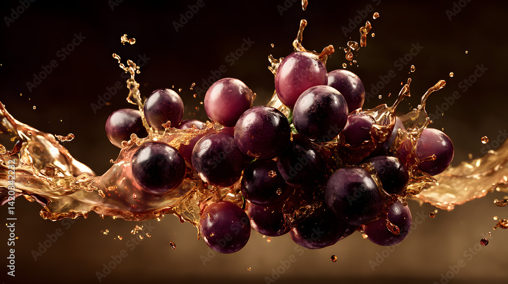 Poster grape splash: captivating close-up of grapes being submerged in fluid, demonstrating freshness. a gr