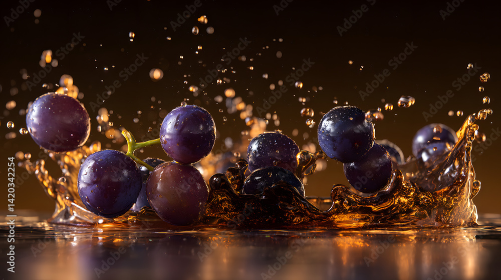 Poster grape splash: an artistic shot showcasing a cascade of fresh, vibrant grapes erupting from a pool of