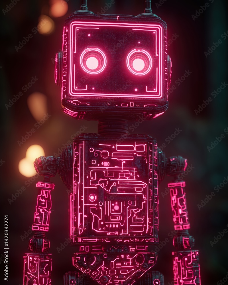 Poster a futuristic robot with a glowing pink circuit design, featuring a square head with large round eyes