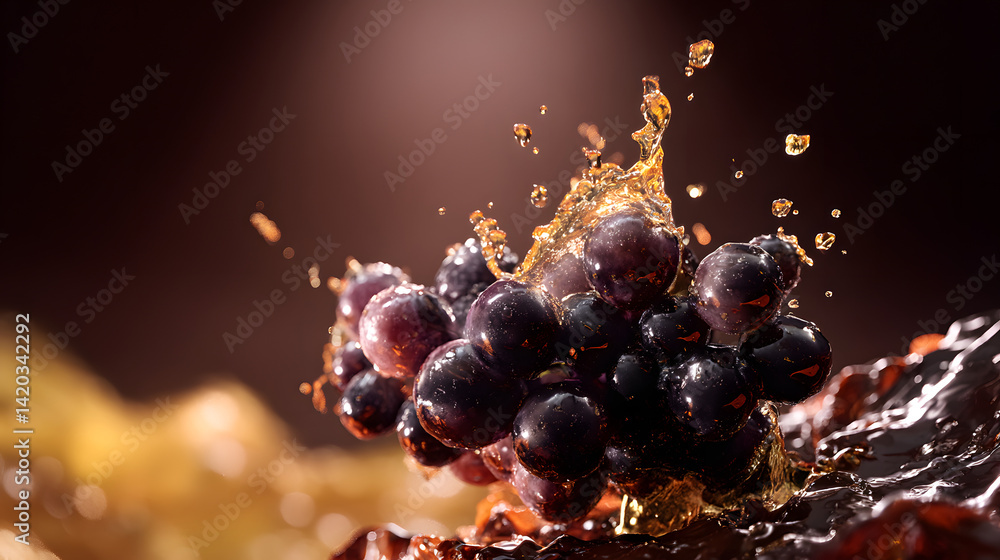 Poster grape burst: a captivating splash of red grapes as they plunge into a liquid, creating a dramatic an