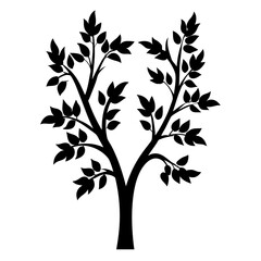 Silhouette Tree with Leafy Branches Ascending Against White Background, Ideal for Design
