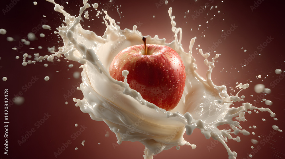 Poster milk splash with apple: a captivating still life featuring a whole red apple submerged within a dram