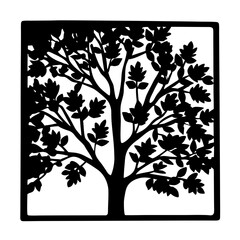 Silhouette of a Tree with Leaves Enclosed in a Square Frame