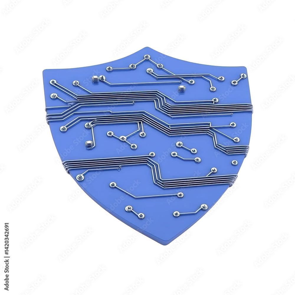 Poster blue shield with circuit patterns symbolizes digital security and protection, representing cybersecu