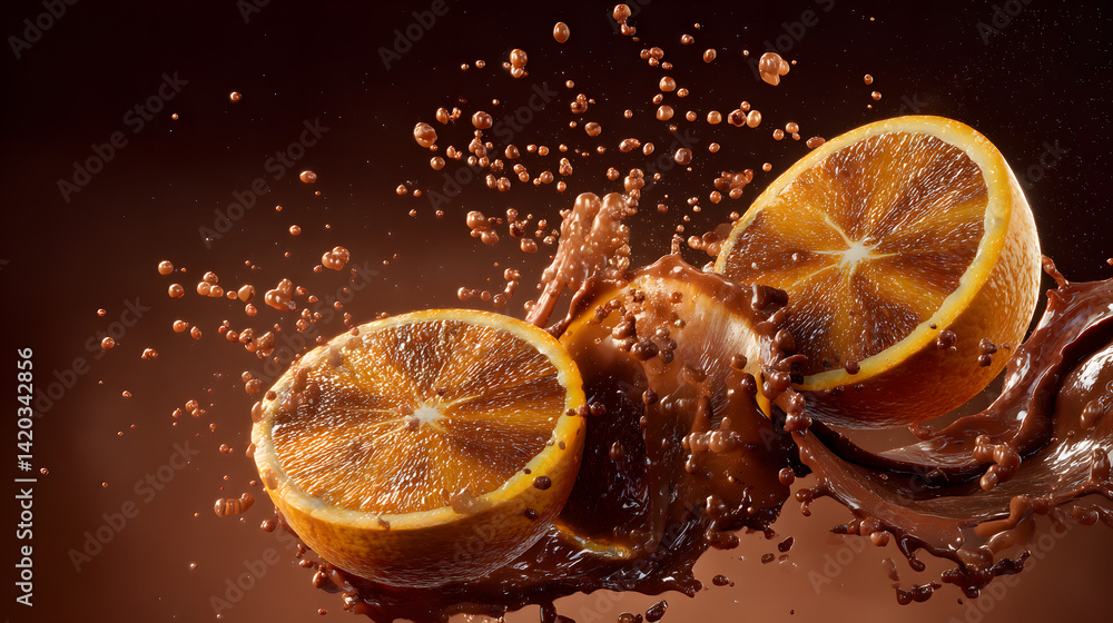 Poster citrus collision: a dynamic moment captures the fusion of fresh citrus and rich liquid chocolate, cr