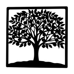 Black and white tree silhouette in a square frame design element