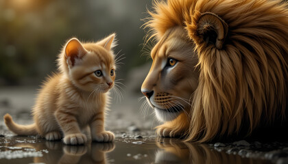 A kitten sees its reflection as a lion, symbolizing inner strength and transformation.