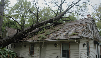 A fallen tree on a house roof symbolizes the aftermath of a natural disaster, highlighting the need for disaster recovery and emergency response.